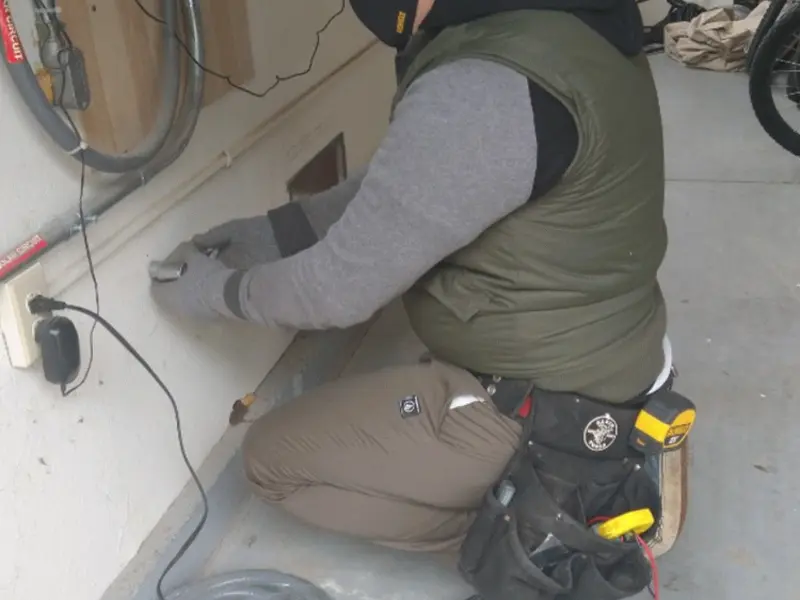 Electrician performing outlet wiring in a Colts Neck garage